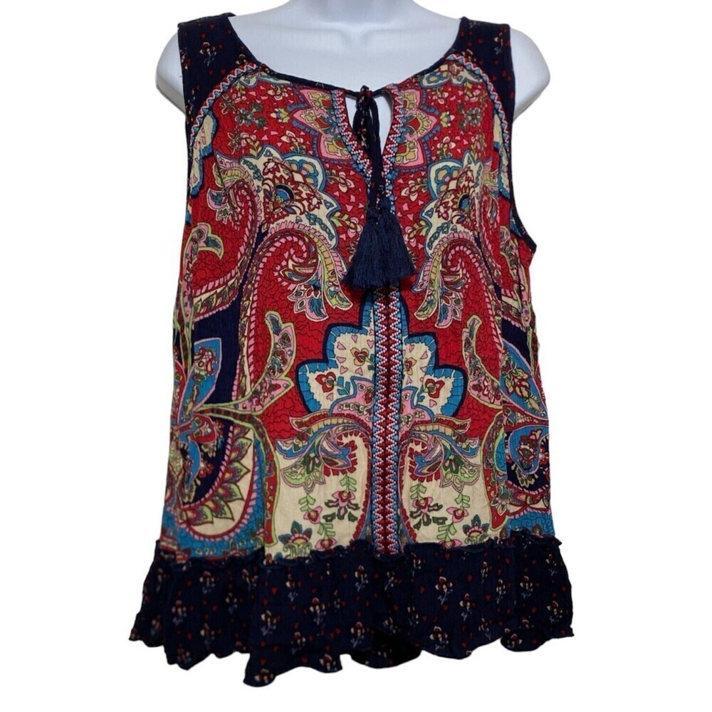 Bila Sleeveless Blouse Women Size XL Paisley Tasseled Boho Ruffled Hem